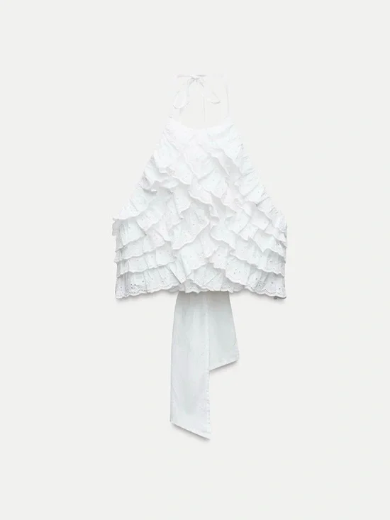 (#30)ZARA Ruffled Embroidered Halter Top - Picture 5 of 7